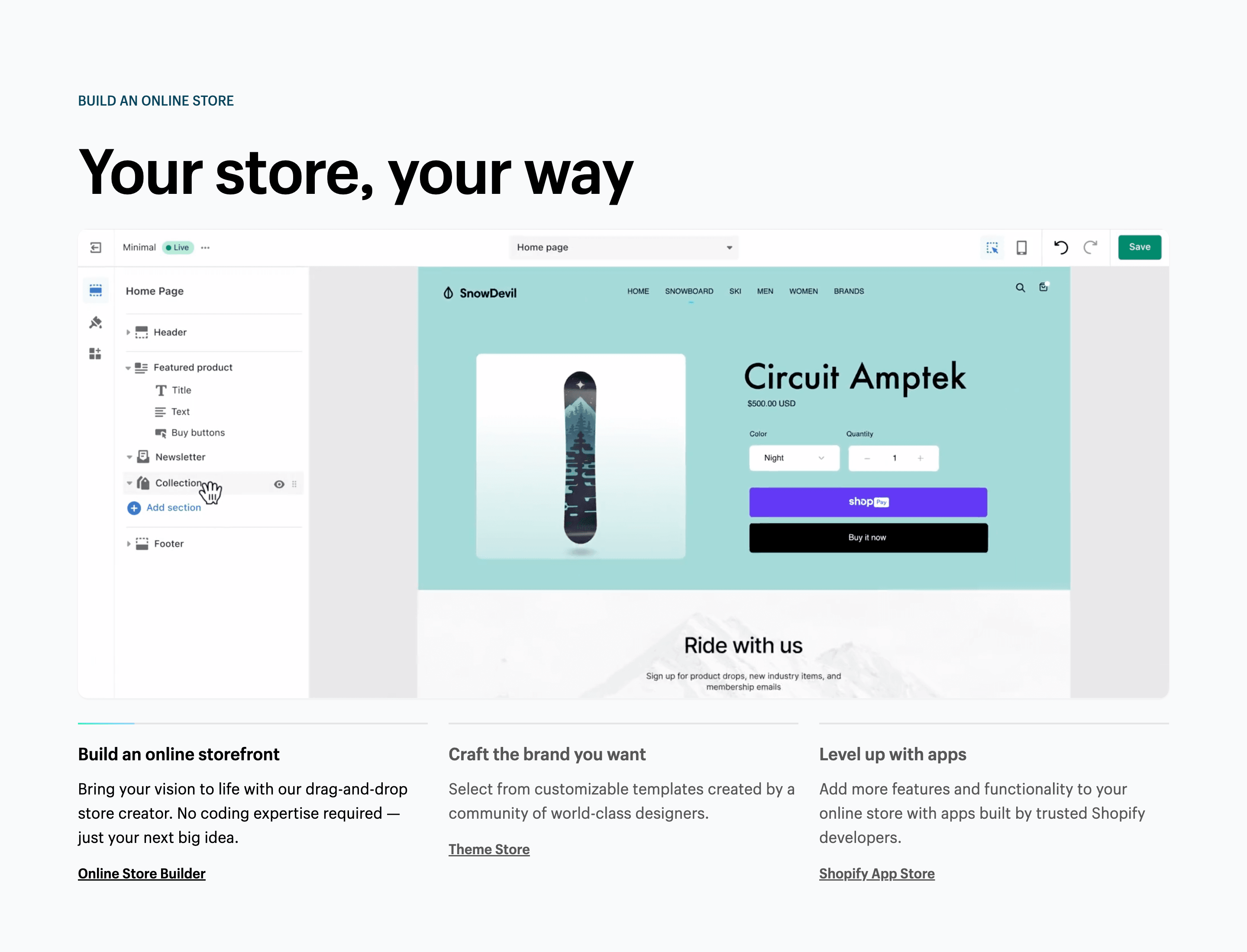 Screenshot of a feature section with a carousel showing the Shopify store builder. Each element is an animated gif; below the gif are three columns with descriptions, one for each feature. Above each description is an animated progress bar indicating when the next element is coming into view.